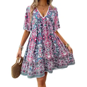 Women's Bohemian Paisley Holiday Casual Dress, V-neck Lace Edging, Perfect for Relaxing Vacation, Fashionable and ComfortableRAIMENTRY