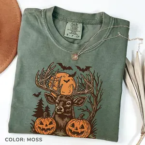 Comfort Colors Vintage Halloween Deer T-shirt, Spooky Forest Buck Sublimation With Pumpkins & Bats Tshirt Rustic Hunting, Fall Antler Skull Gift