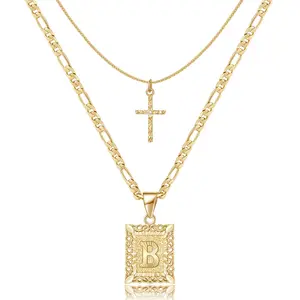 Initial Letter Pendant Necklace for Men Women, 14K Gold Plated Square Necklace from A-Z Chain Hypoallergenic Gift