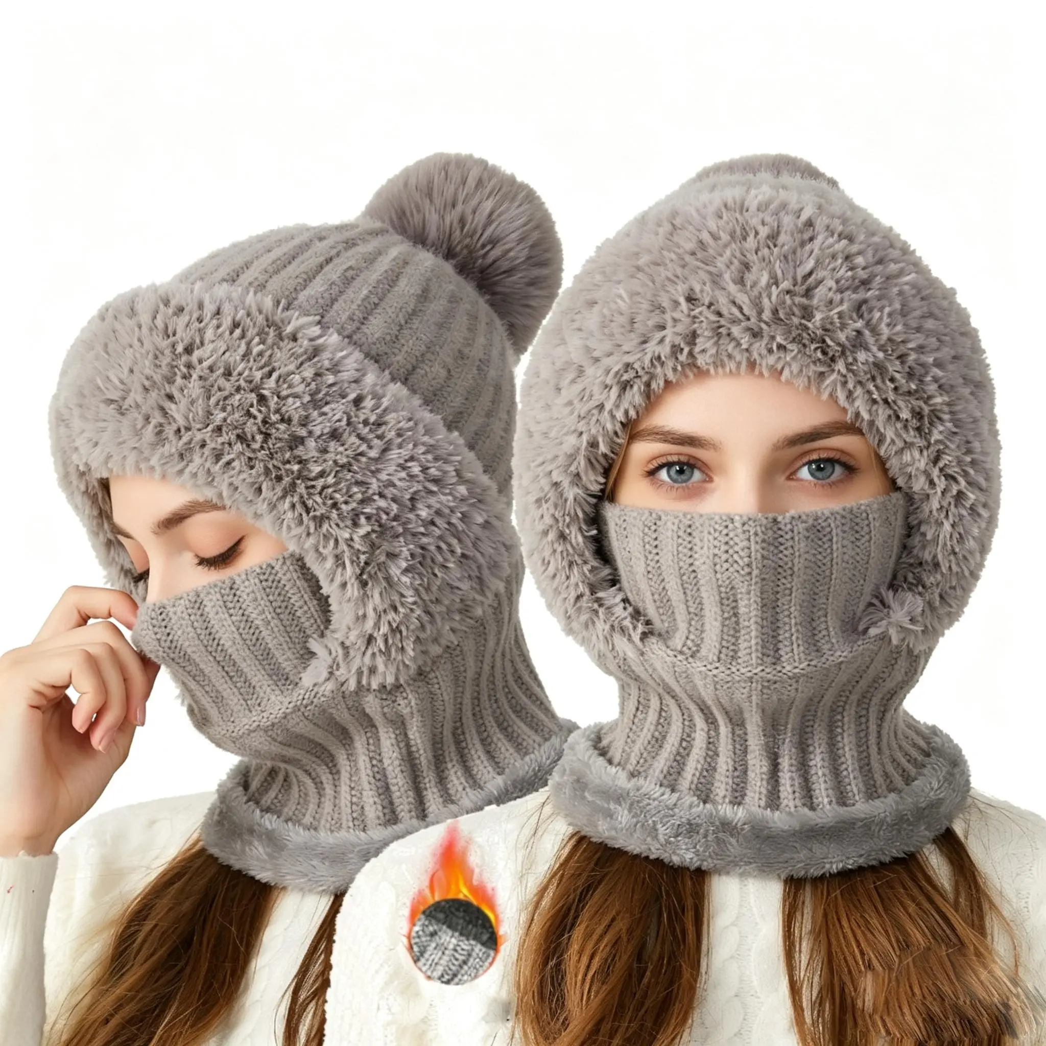 3 in 1 Beanie Hat with Scarf and Mask, Women's Outdoors Windproof Scarf Hat, Knitted Ski Mask Set