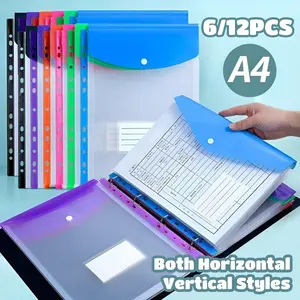 6/12-Pack A4 High-Capacity Loose Leaf File Bags - 11 Hole Binder Rings, Modern PP Material, Expandable Button and Label Pockets for School, Home, Office, Attendance, Travel - Portable Design Office Supplies