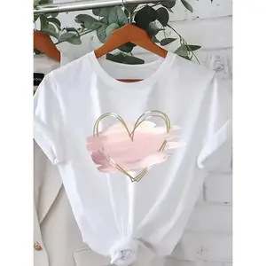 New Plus Size Pink Heart Print Casual Round Neck Short Sleeve T Shirt for Women