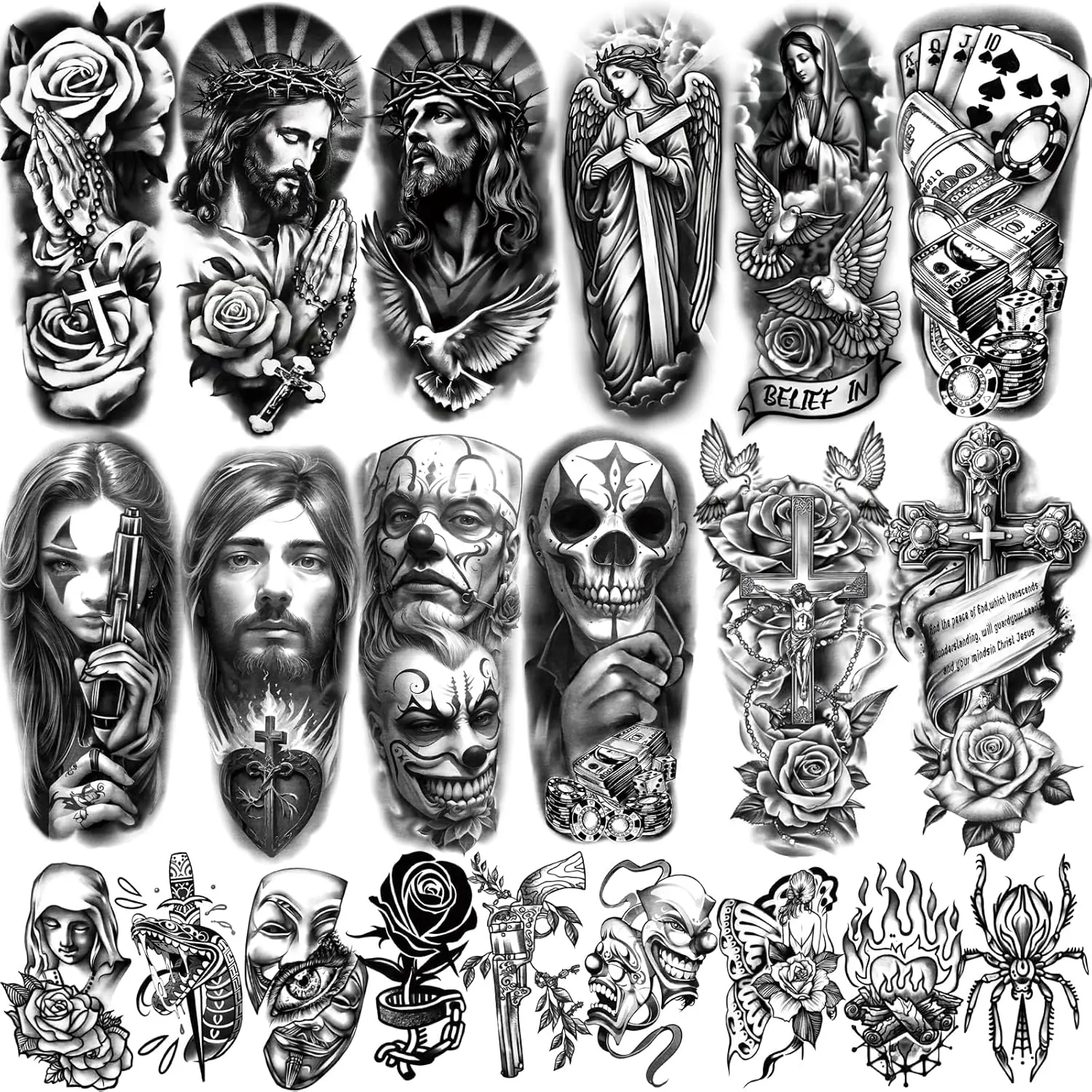 77 Sheets Christian Chicano Temporary Tattoos Adult Men Women Jesus Christ Religious Cholo Lowrider Fake Tattoos Stickers, Half Arm Sleeve Temp Tattoos for Adult Kids
