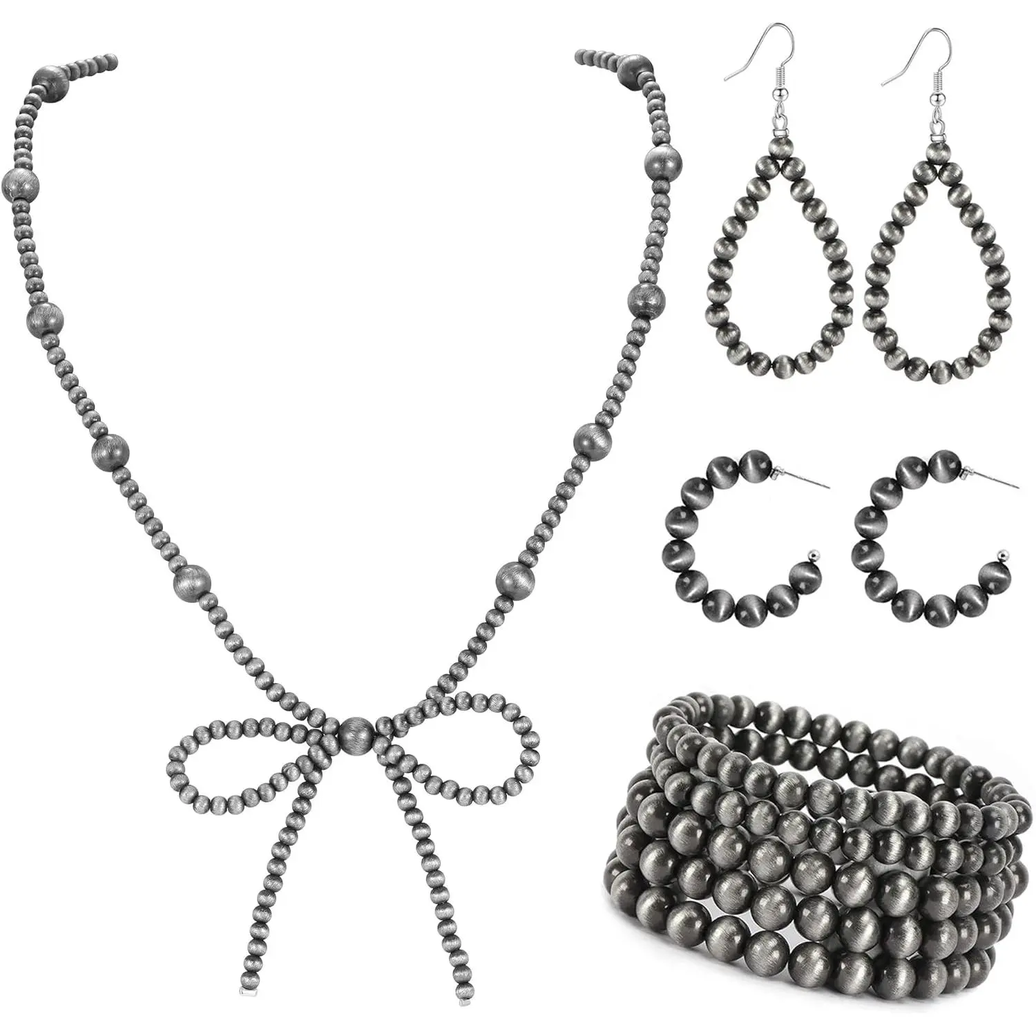 Navajo Women's Western Faux Pearl Jewelry Set - 4mm 20in Necklace with 3in Extension, Matching Earrings & Bracelets, Turquoise Accents, Ideal Female Birthday & Anniversary Gift, Western Jewelry Set