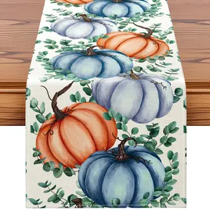Pumpkins Eucalyptus Leaves Fall Table Runner,Thanksgiving Holiday Kitchen Dining Table Decoration for Fall Home Decor 13x72 Inch - Orange Blue