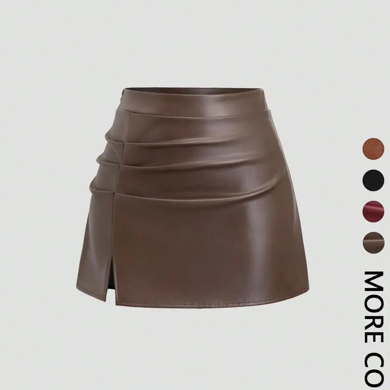 Women's Simple Basic Mini Skirt, Side Slit and Pleated Detail, Fitted Short Style, Sexy Fashion, Unlined, Batch Number 20260306