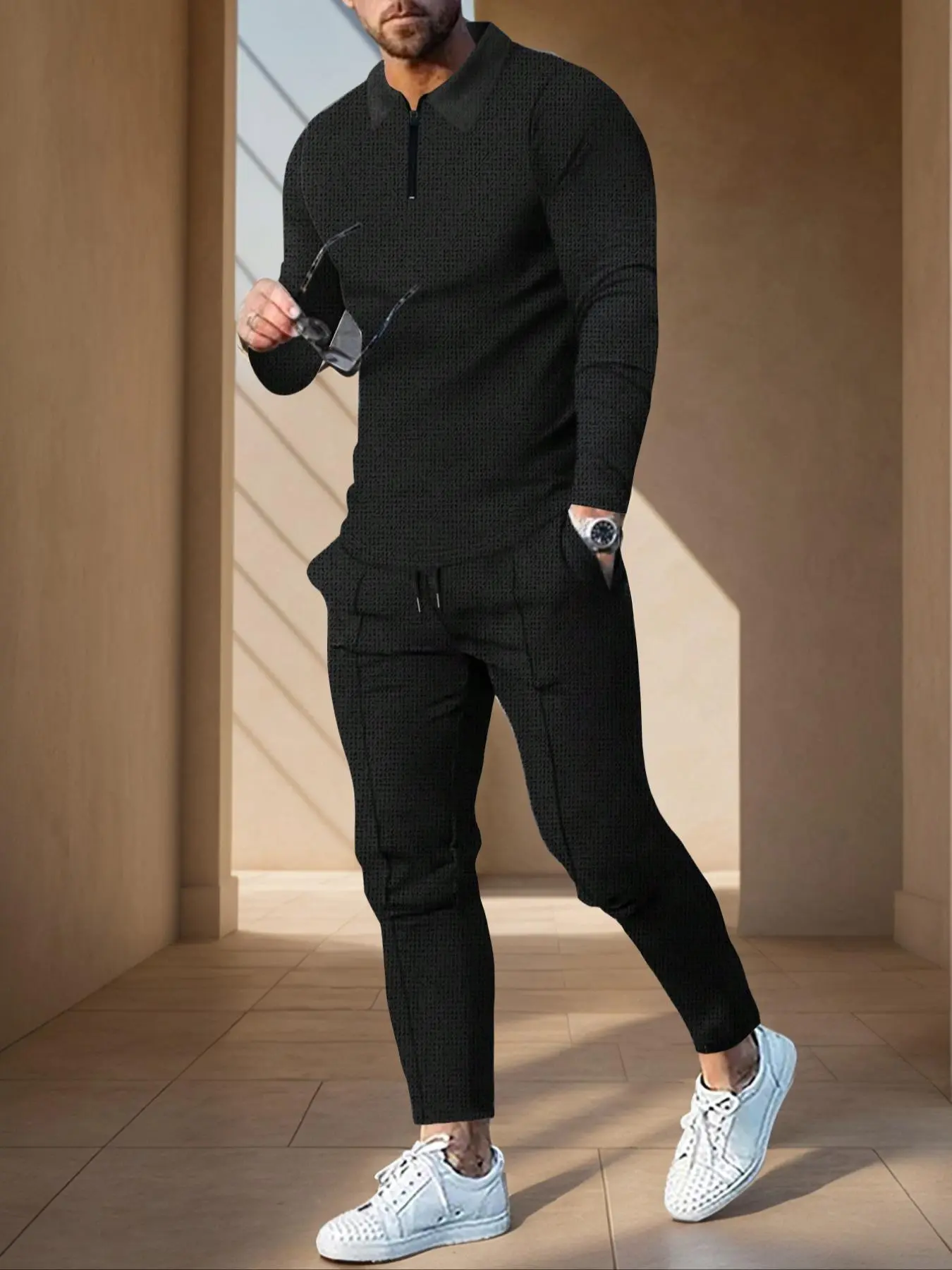Men's Solid Color Zip Polo Shirt and Drawstring Waist Pants Set, Sweatsuit Sets, Athleisure Activewear Set, Athleisure Workout Set, Athleisure Outfits, Long Sleeve Top with Practical Pocket Design for Casual Sports