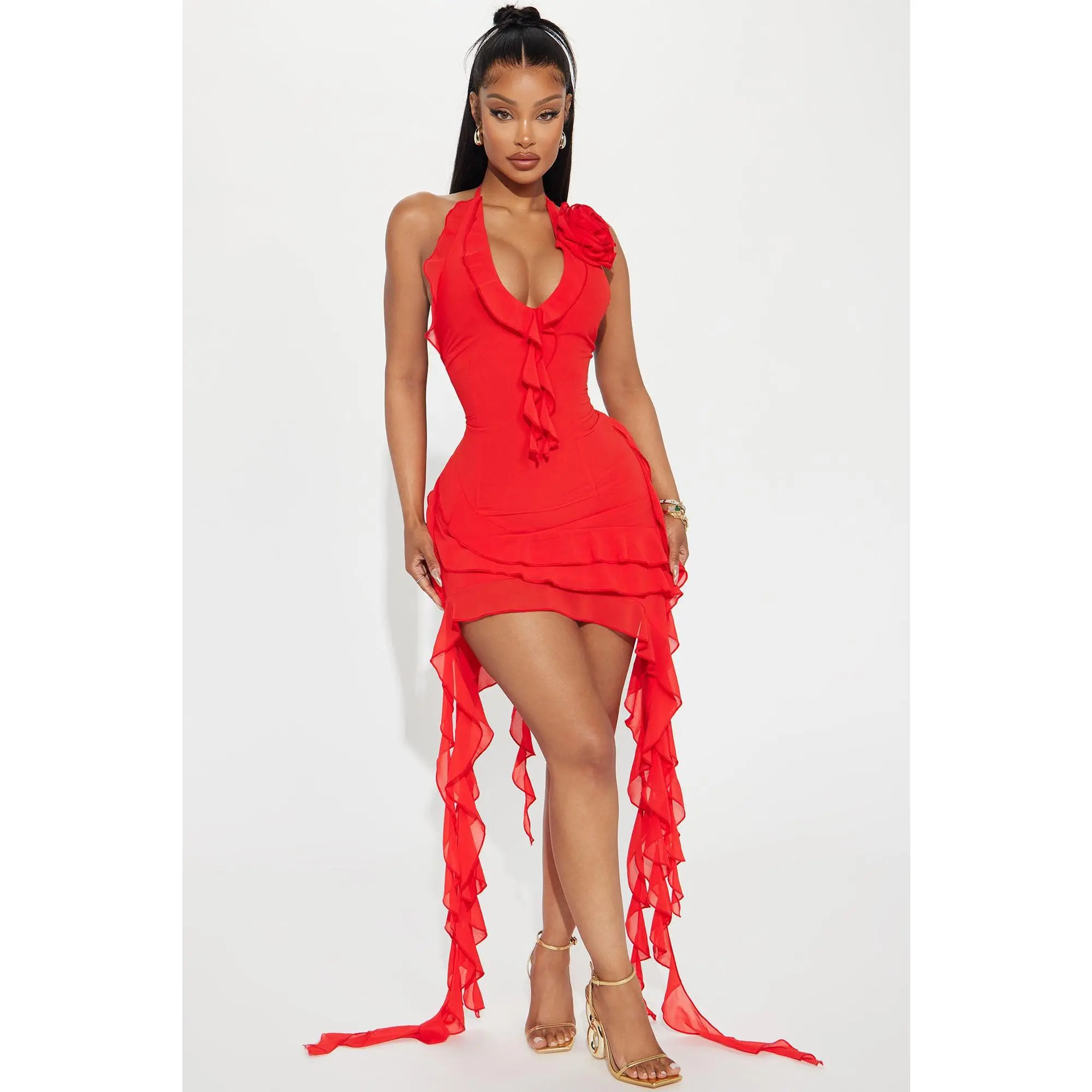 Ruffles and Roses Mini Dress - Red