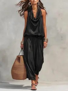 Elegant Women's Two-Piece Set, Sleeveless Backless Top with Pleated Neckline, Casual Pants, New Arrival Fashion Wear