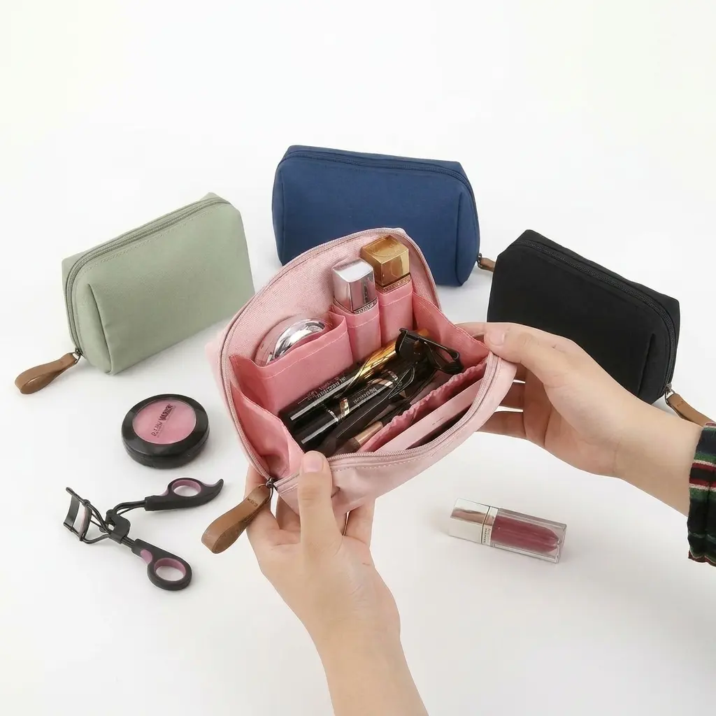 Minimalist Nylon Makeup Bag for Women, Chic Lightweight Cosmetic Pouch for Purse & Travel with Wide-Open Design and Interior Pockets, Mini Travel Products, Elegant, Compact, Portable Vanity, Zero Bulk makeup bag
