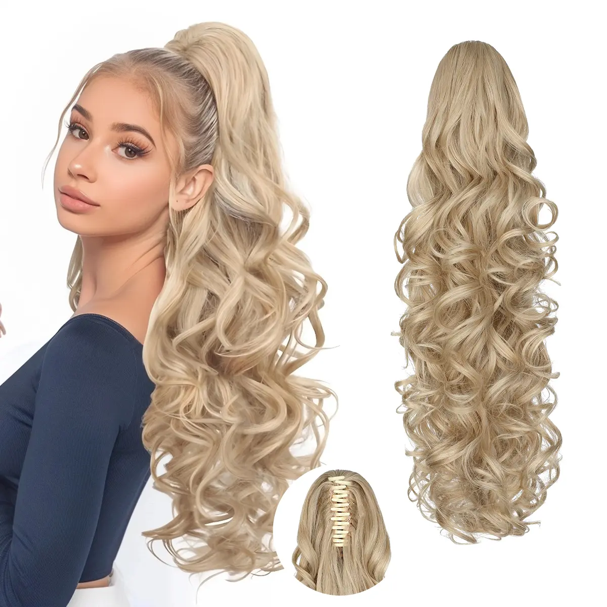 Cephemer 24 Inch Ponytail Extension Layered Pony Tail Clip on Hair Extension Soft Wavy Natural Synthetic Claw Clip in Ponytail Hair Pieces for Women Daily Party Black Friday & Christmas