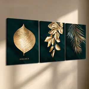 3 Pcs/Set Wooden-Framed Canvas Painting, Emerald Green & Golden Leaf Triptych Canvas Wall Art, Botanical Print for Living Room, Bedroom, Office Decoration, Modern Home Decor, Fashion Artistic Ornaments, Artwork