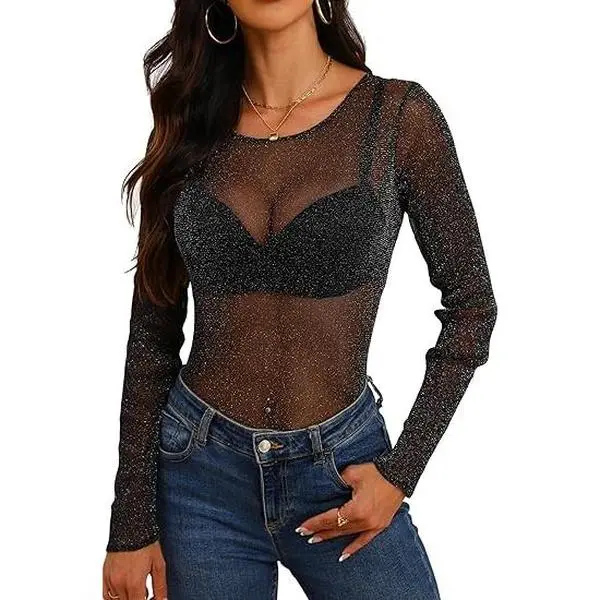 Women's Sheer Glitter Mesh Top, Long Sleeve Boat Neck Lightweight Nylon Shirt for Casual Concerts, Parties, and Beach Wear, Cargo, Everyday, Cute, Hip Length, Layering Top, Sparkly, Stretchy