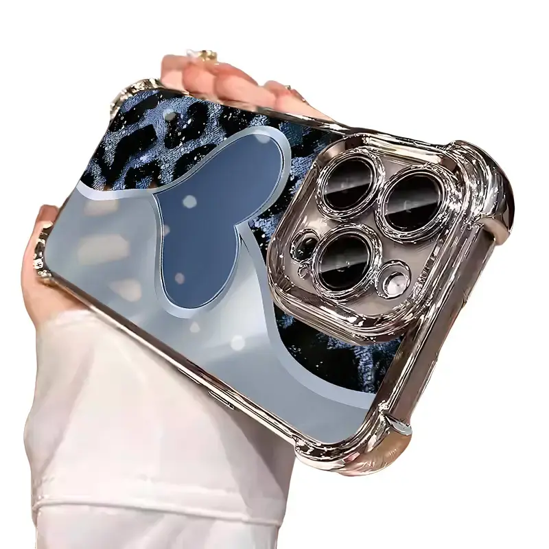 Electroplated TPU For Blue leopard print heart iphone 16 15 14 13 12 11 X XS PRO PLUS MAX Four Corners Anti-Fall Transparent Soft Silicone Shockproof Protective Protector Phone Cases Shell Cover Protection Smartphone