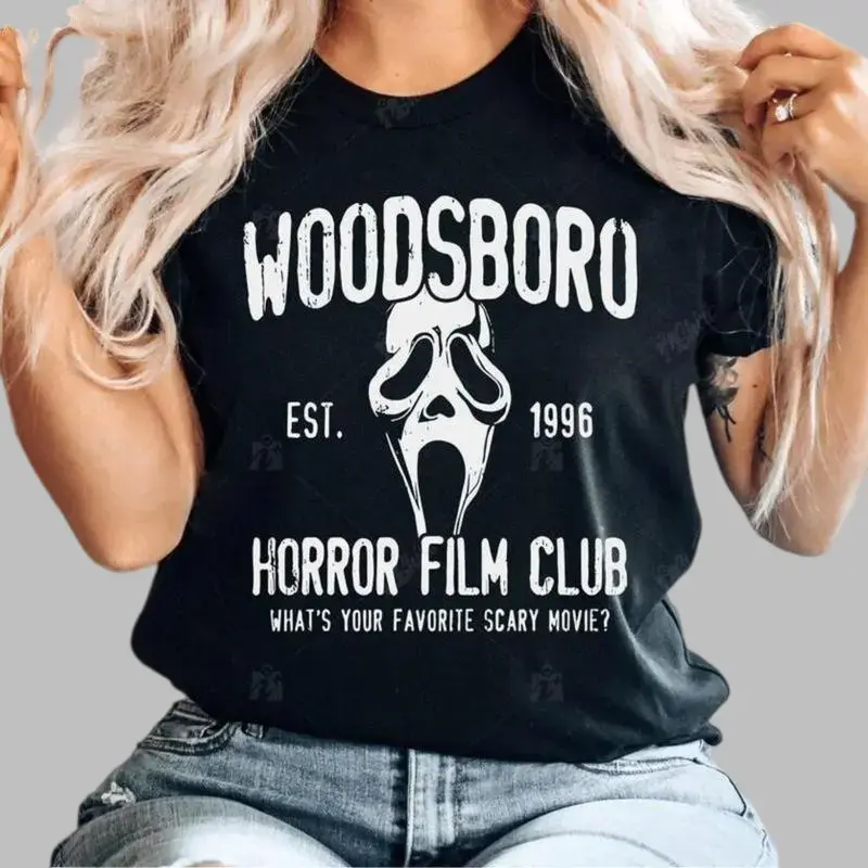 Woodsboro Horror Film Club TShirt Featuring Scream Ghost Face Design For Thriller Movie Fans Spooky Season Streetwear Womenswear