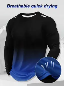 Men's Casual Athletic Fashion Activewear Long Sleeve T-Shirt, Loose Breathable Mesh Gradient Print Round Neck Outdoor Running Hiking Shirt, Fall & Winter Wear