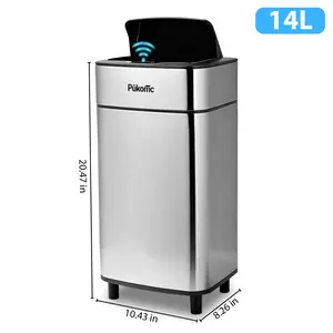 Pukomc 2.7Gal Smart Sensor Bin – stainless steel rectangular trash can with auto-open lid for kitchen, bathroom & office.