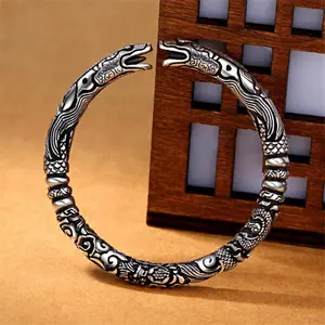 Fusion of Strength and Prosperity: Double Dragon Head Bangle in Thai Silver, Double Dragon Head Bangle, Thai Silver Bracelet, Cosmic Chi Jewelry, Prosperity Bangle, Strength and Abundance Jewelry, Therapeutic Silver Bracelet, Asian Symbol Jewelry