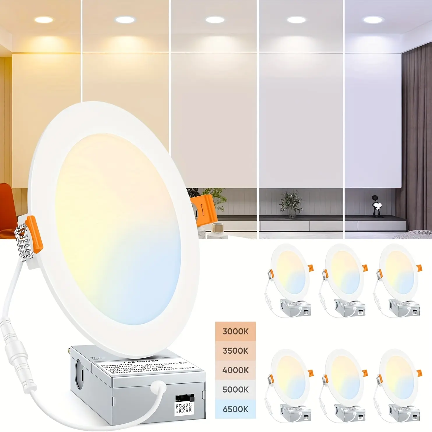 6-Inch Recessed Plastic Lighting Fixture - Home Improvement, 120V Thin Profile, 9W, 5 Color Temperature Dimming, Water Resistant, Energy-Saving, Space-Saving, Built-In Connector Box, Easy Installation for Kitchens, Bathrooms, Recessed Lighting