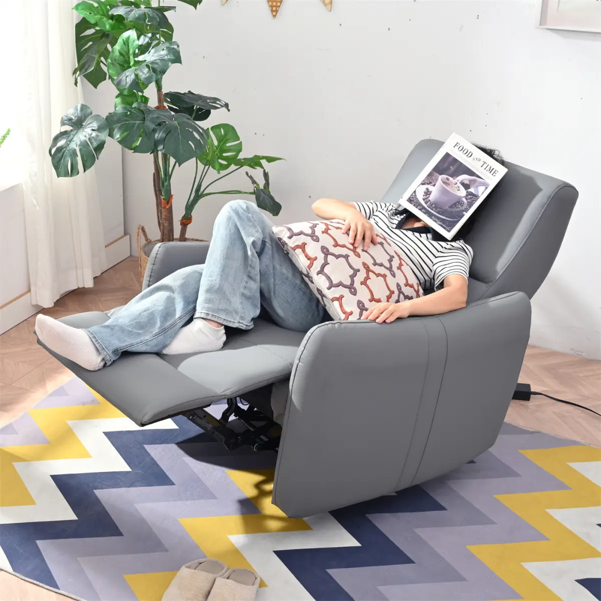 Wall Hugger Recliner Chair,Power Recliner Chair,Electric Recliner for Living Room,PU Leather Reclining Armchair for small space,Reclining Sofa for Bedroom/Apartment/RV,with USB Port(Type-C) (Blue-Gray)