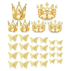 Crown & Butterfly Design Cake Decoration, 30pcs/set Exquisite Mini Crown & Butterfly Cake Flower Scenes Decoration, Party Decorations Supplies for Birthday Wedding Baby Shower