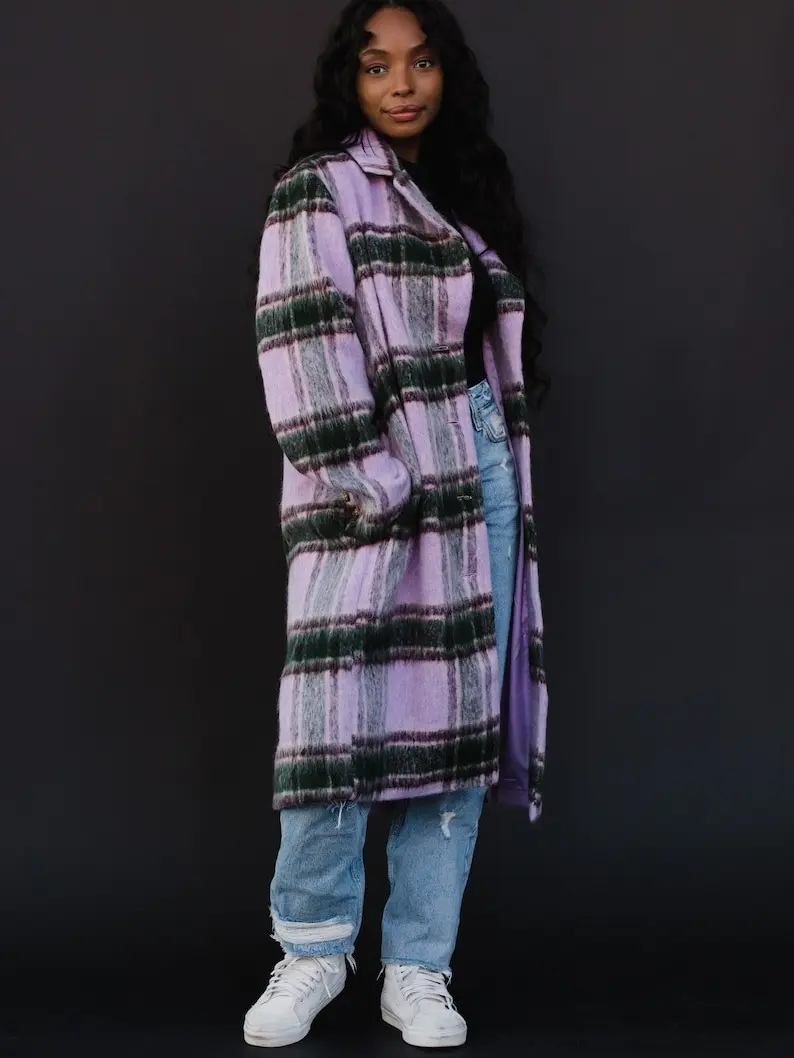 Purple, Green & Tan Plaid Coat - Women's Long Plaid Coat - Women's Long Plaid Jacket - Winter Coat - Fully Lined Coat - Statement Coat