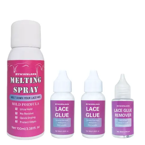 Mywigsland Unisex Secured 4-Piece Wig Installation Kit - Hypoallergenic Scalp-Safe Water-Based Melting Spray, Strong-Hold Lace Glue, Adhesive Remover, Edge Protection for Seamless Front Wig Closure & Glue-Free Option Natural Look
