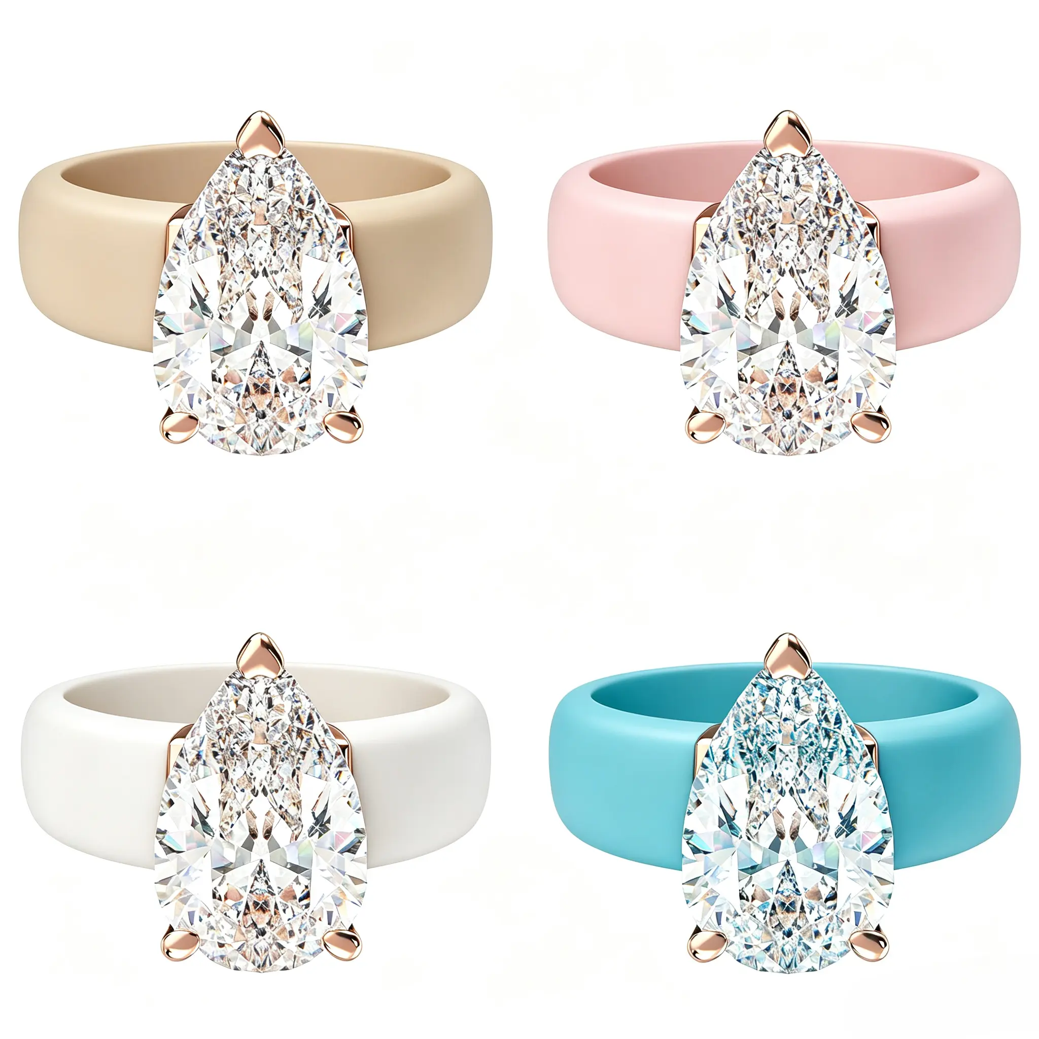 Women's Silicone Sport Wedding Band with Large Water Drop Cubic Zirconia Stone, Rose Gold Prong Setting, Comfortable Anti-Allergy Jewelry