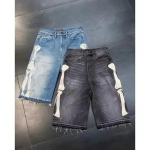 Retro Skeleton Denim Men's Mid-Length Casual Shorts Streetwear Style for Summer Couples Pants Jean