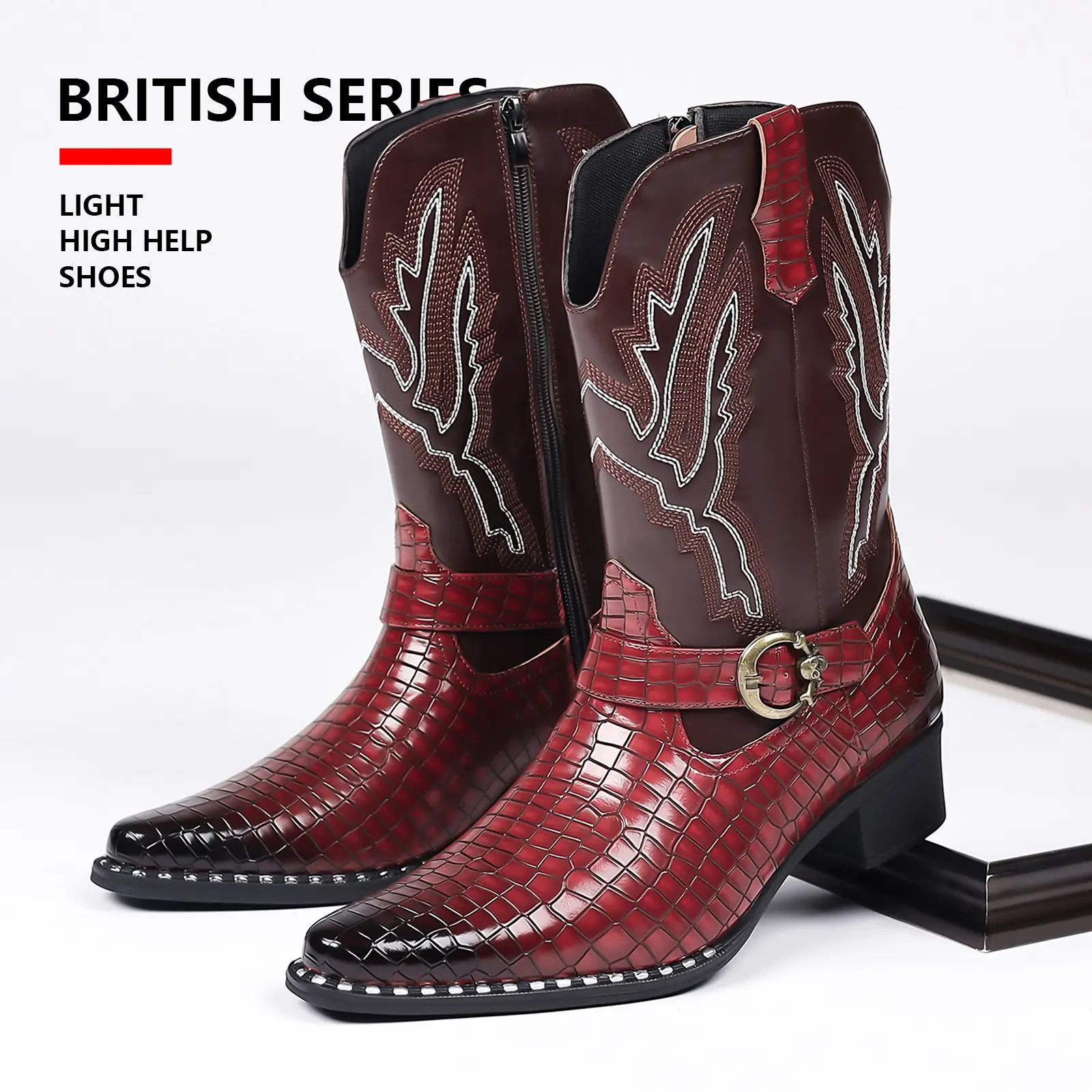 Men's Western Cowboy Mid-Calf Footwear, Contrast Stitching, Metal Buckle Strap - Non-Slip Block Heel for Country Outings, Parties