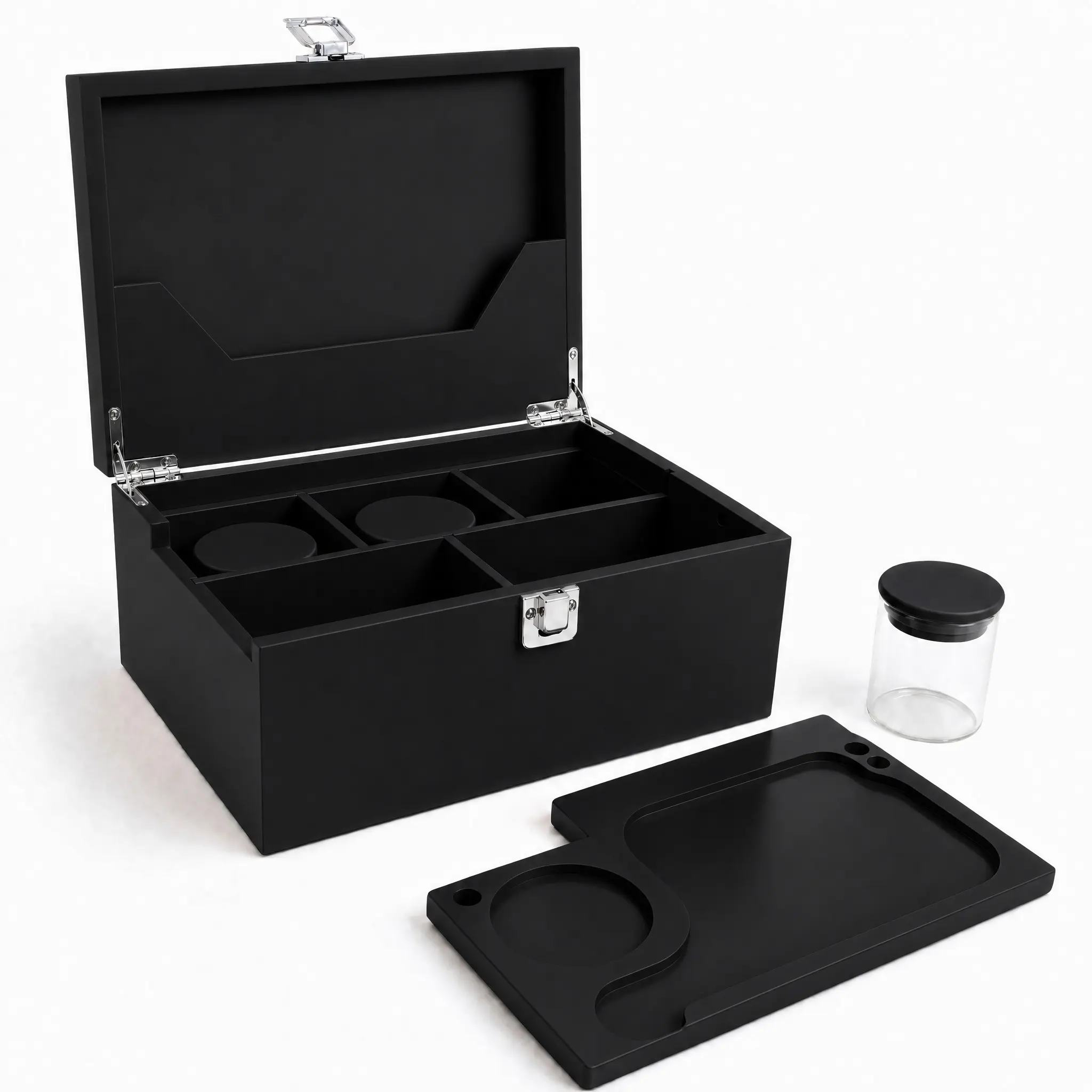 Stash Box with Tray, Large Bamboo Storage Box with Removable Organizer Tray & Airtight Jars Set, Decorative Home Smell Proof Wooden Box for Men and Women (Black)