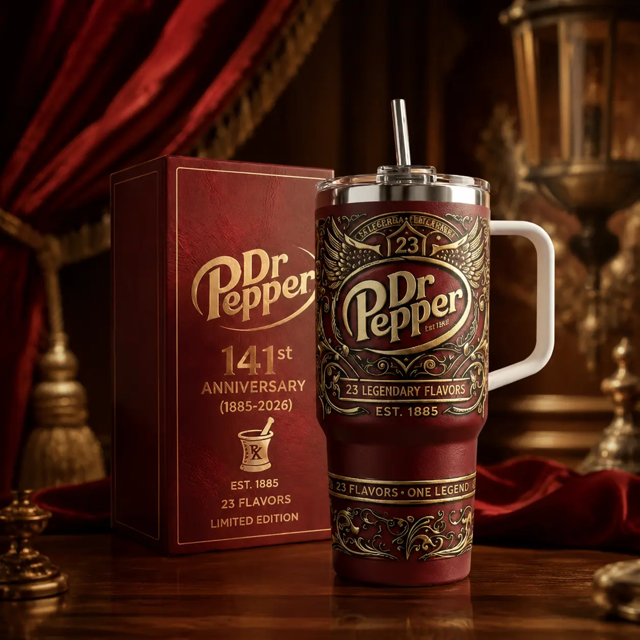 40oz (1200ml) Dr Pepper Limited Edition 141st Anniversary Retro Collector Cup, Portable Leak-Proof Stainless Steel Vacuum Flask with Handle & Straw, 23 Flavors Vintage Drinkware, Modern Retro Soda Fan Gift