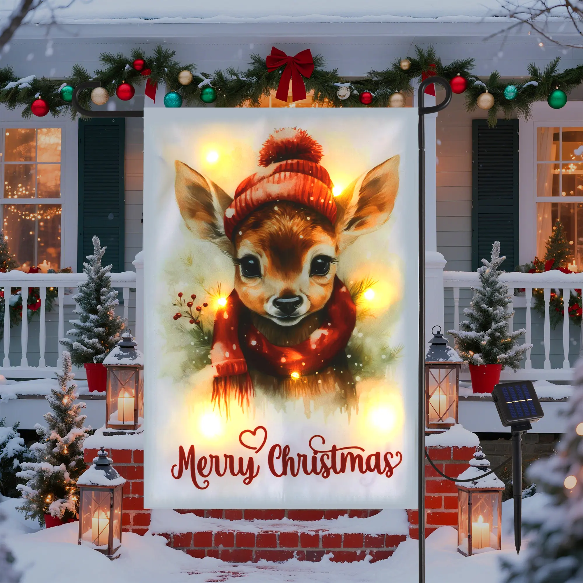 RoyalCraft Christmas Garden Flag with Lights for Outdoor, 12x18 Double Sided, Led Solar Lighted Holiday Decoration , Winter Yard Flags for Outside Lawn Porch Decor