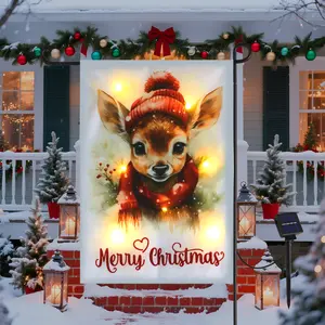 Christmas Garden Flag with Lights for Outdoor, 12x18 Double Sided, Led Solar Lighted Holiday Decoration , Winter Yard Flags for Outside Lawn Porch Decor