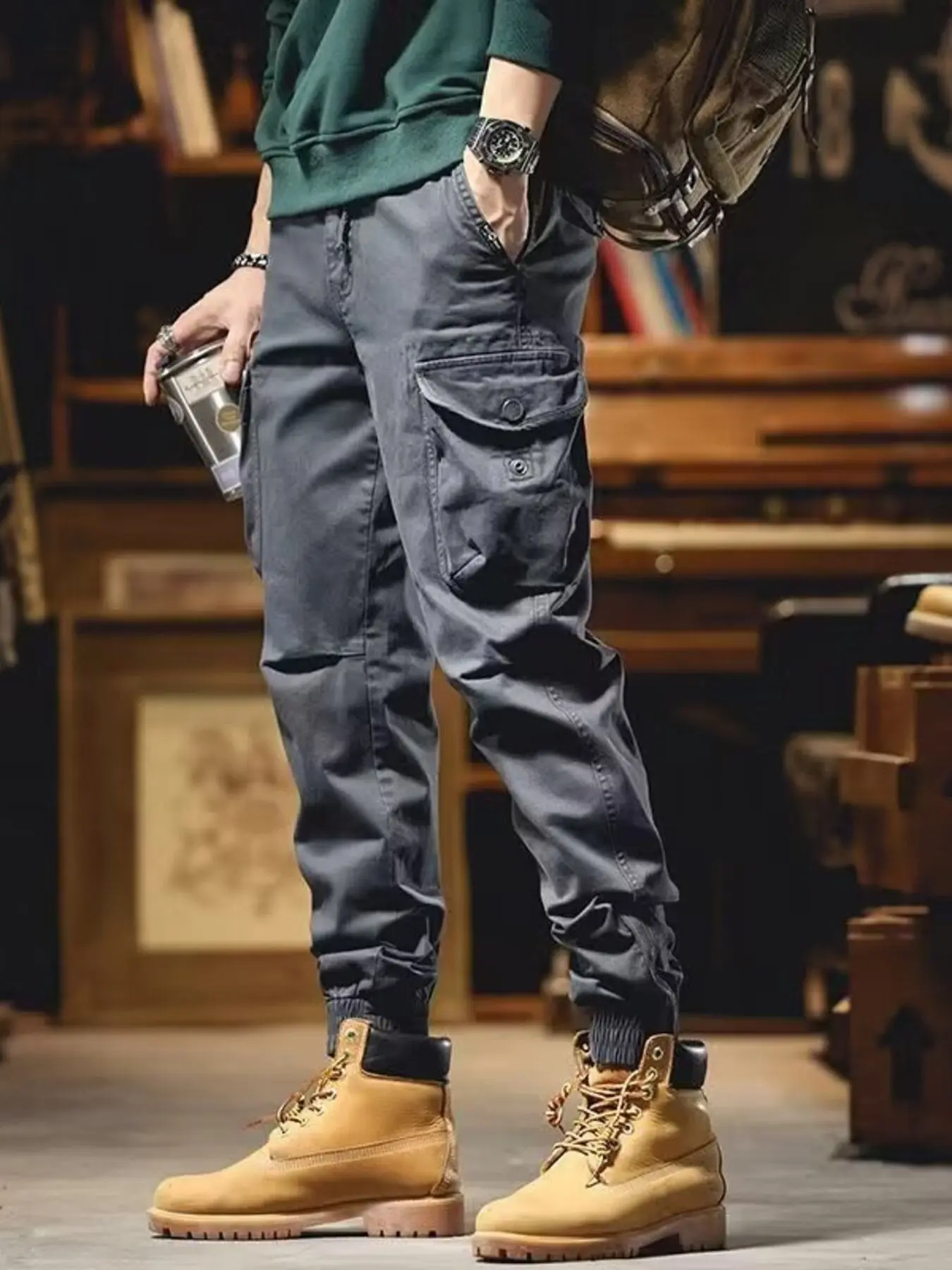Men's Casual Cargo Trousers - High-Stretched, Multi-Sized, Button-Free, Cuffed, Expandable Men's Pants with Elastic Cuff, Multiple Pockets, High-Stretched Men's Pants