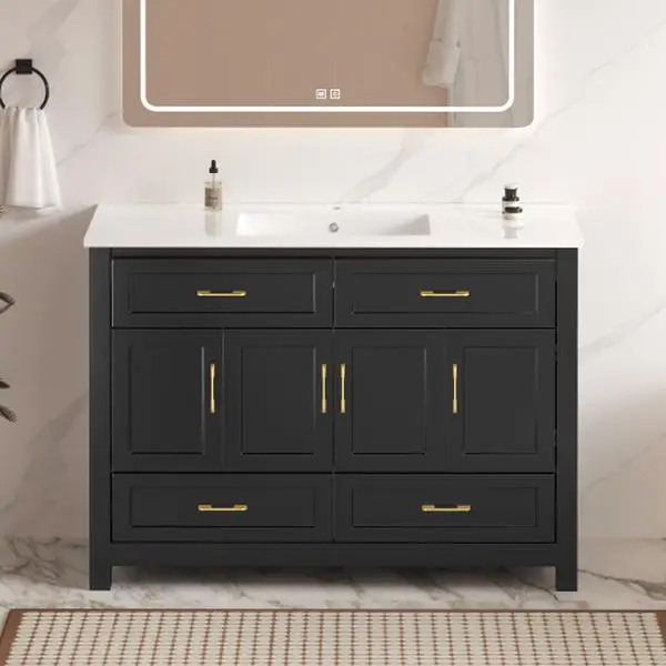 Bellemave 48" Black Modern Freestanding Bathroom Vanity with Ceramic Sink Combo - Multi-Drawer Compartmentalized Flat-Top Enclosure Floor Cabinet with 4 Soft-Close Doors, 4 Drawers & Abundant Storage, Multi-Drawer Floor Cabinets, Compartmentalized Floor C