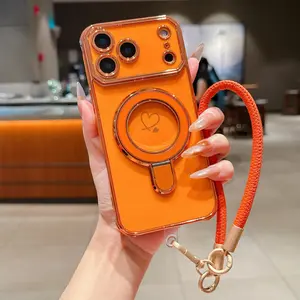 Electroplated large window solid color heart-shaped case + metal stand + hand strap suitable for iPhone 17 Pro Max, Apple 16 Pro, Star 15, simple anti-drop protective phone case