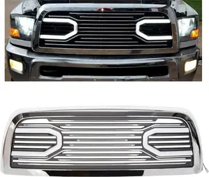 Front Bumper Grill w/LED Tube Compatible with 2010-2018 Ram 2500/3500/4500 Big Horn Hood Grille Replacement Shell Horizontal Style - Chrome