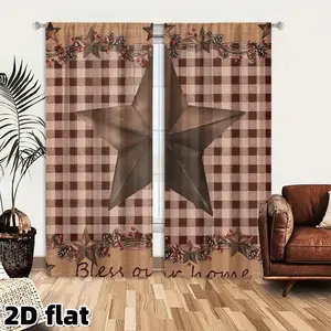 2D Flat 2Pcs Country Style Curtains Rustic Star Buffalo Check Window Panels Farmhouse Pinecone Berry Decor Rod Pocket Treatment for Living Room Bedroom Kitchen Dining Home Blessing Decoration
