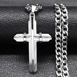 [Men's Cross Pendant Necklace] Men's 304 Stainless Steel Double Layer Cross Pendant Necklace -Bold Statement Gift for Christmas, Easter, Thanksgiving, Casual Attire & Year-Round Layered Chain Design for Men