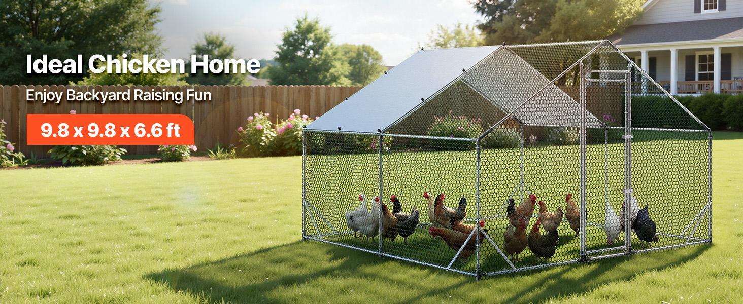VEVOR Enclosed Chicken Cage, 9.8x9.8x6.6ft Walk-In Poultry Coop with Waterproof Cover, Sturdy Frame, Spire Roof, Spiral-Bottom Guard, Predator-Proof Mesh, All-Seasons Weather Resistance for Backyard Farm Hens (Walk-In Care Ease)#BackToSchool