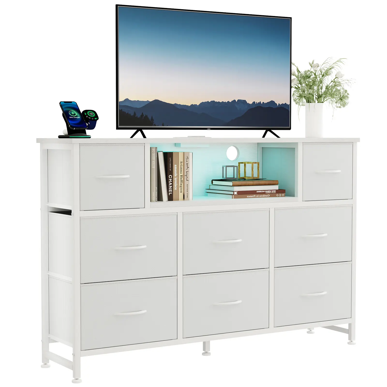 【Back To School 】TV Stand with 8 Fabric Drawers & Power Outlet, LED TV Console with USB & Type-C, Storage Dresser for Living Room