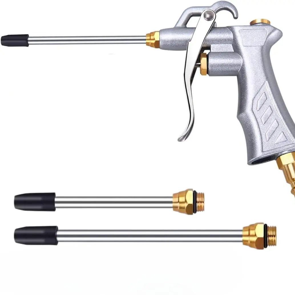 Industrial Air Blow Gun with Brass Adjustable Air Flow Nozzle and 2 Steel Air flow Extension, Pneumatic Air Compressor Accessory Tool Dust Cleaning Air Blower Gun