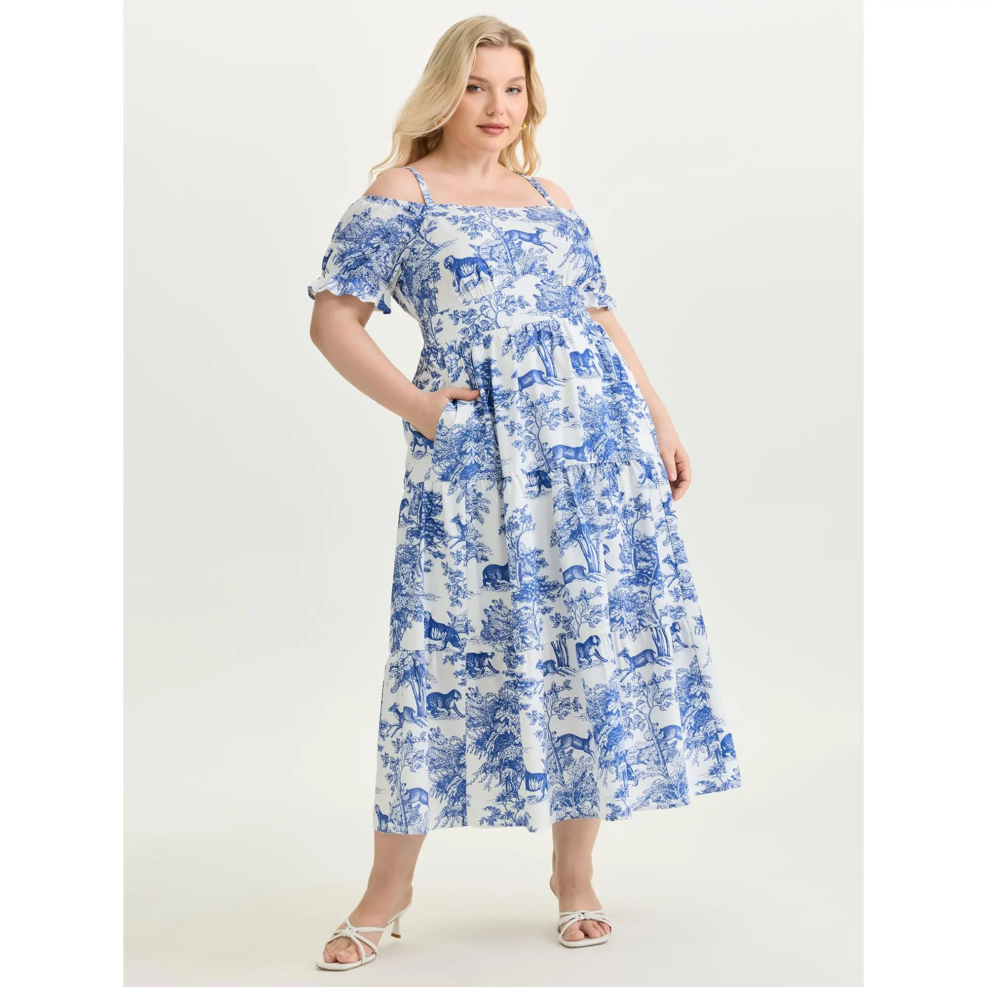 BloomChic Women's Plus Size Casual Bohemian Cold-Shoulder Polyester Maxi Dress with Forest Print, Puff Sleeve and Pockets, Smooth, Casual Wear, Garment