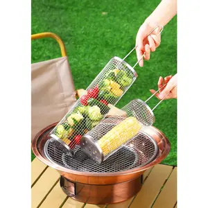Stainless Steel Rolling BBQ Grill Basket Utensils, Multi-Purpose Mesh Cylinder for Outdoor Camping, Picnic