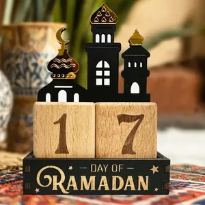 1 Piece Ramadan Wooden Calendar Decor, Eid Countdown Calendar Blocks, Star & Moon Themed Eid Mubarak Decoration, Islamic-Style Desktop Date Ornament, Creative Festive Decor for Atmosphere Setup