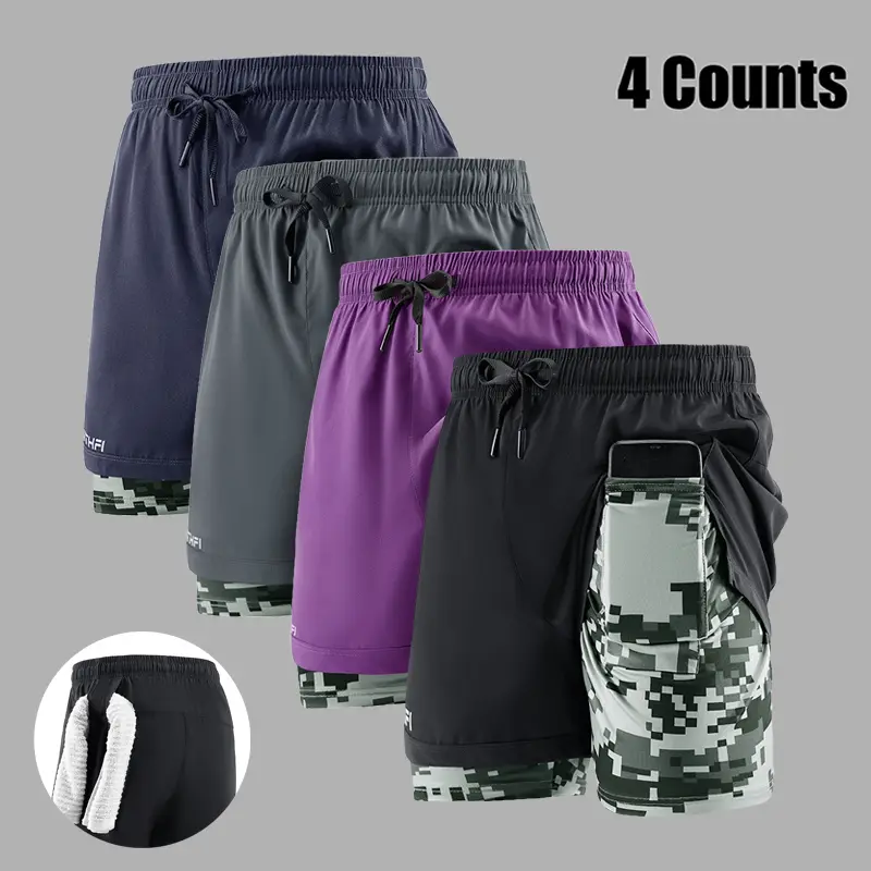 4-Pack Men’s Summer Quick-Dry Athletic Shorts – Lightweight and breathable, drawstring waistband, contrast pockets, stylish 2-in-1 faux two-piece design, suitable for gym, running, and outdoor activities