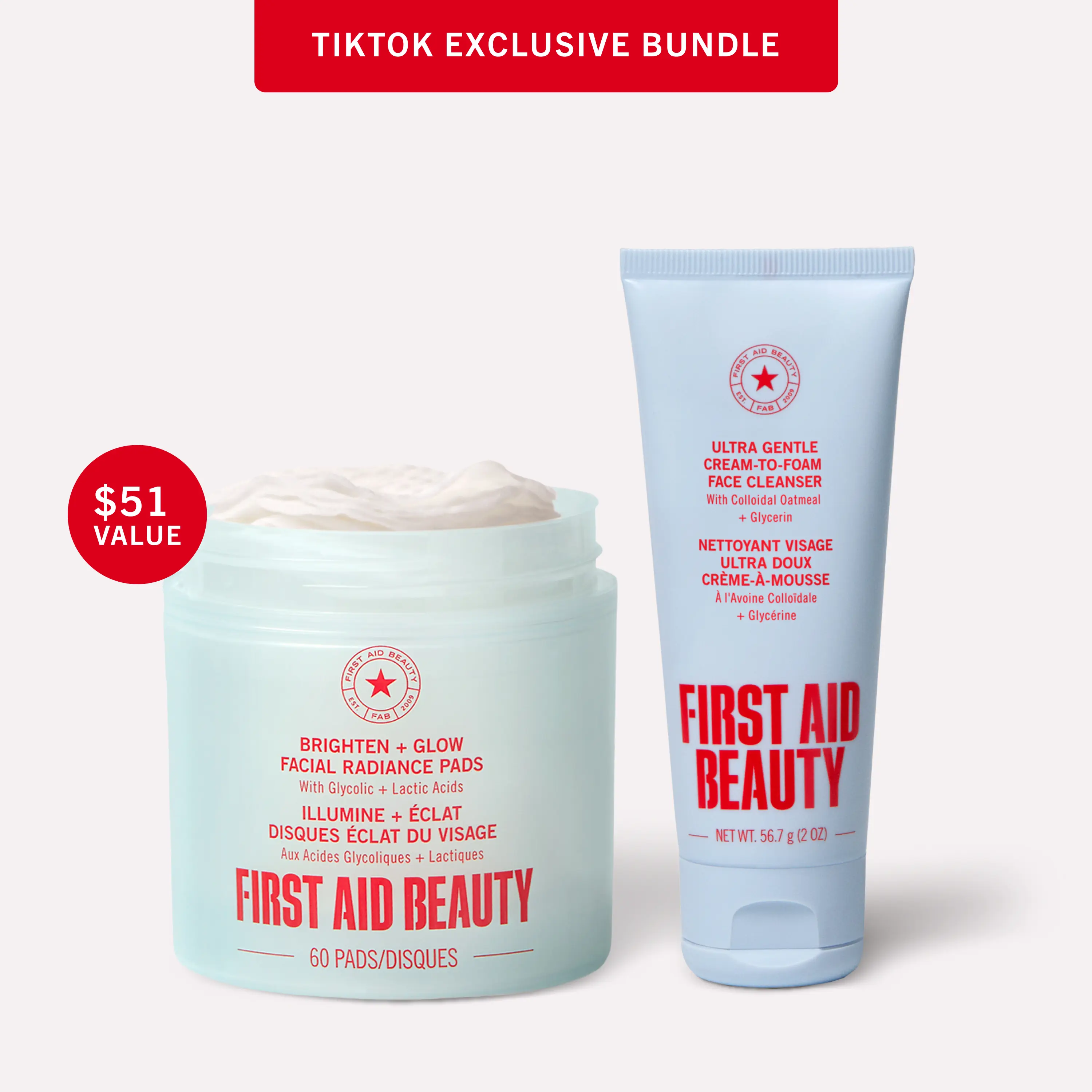 First Aid Beauty Facial Radiance Pads + Gentle Face Cleanser TikTok Exclusive Makeup Prep Bundle for Bright, Smooth + Glowing Skin