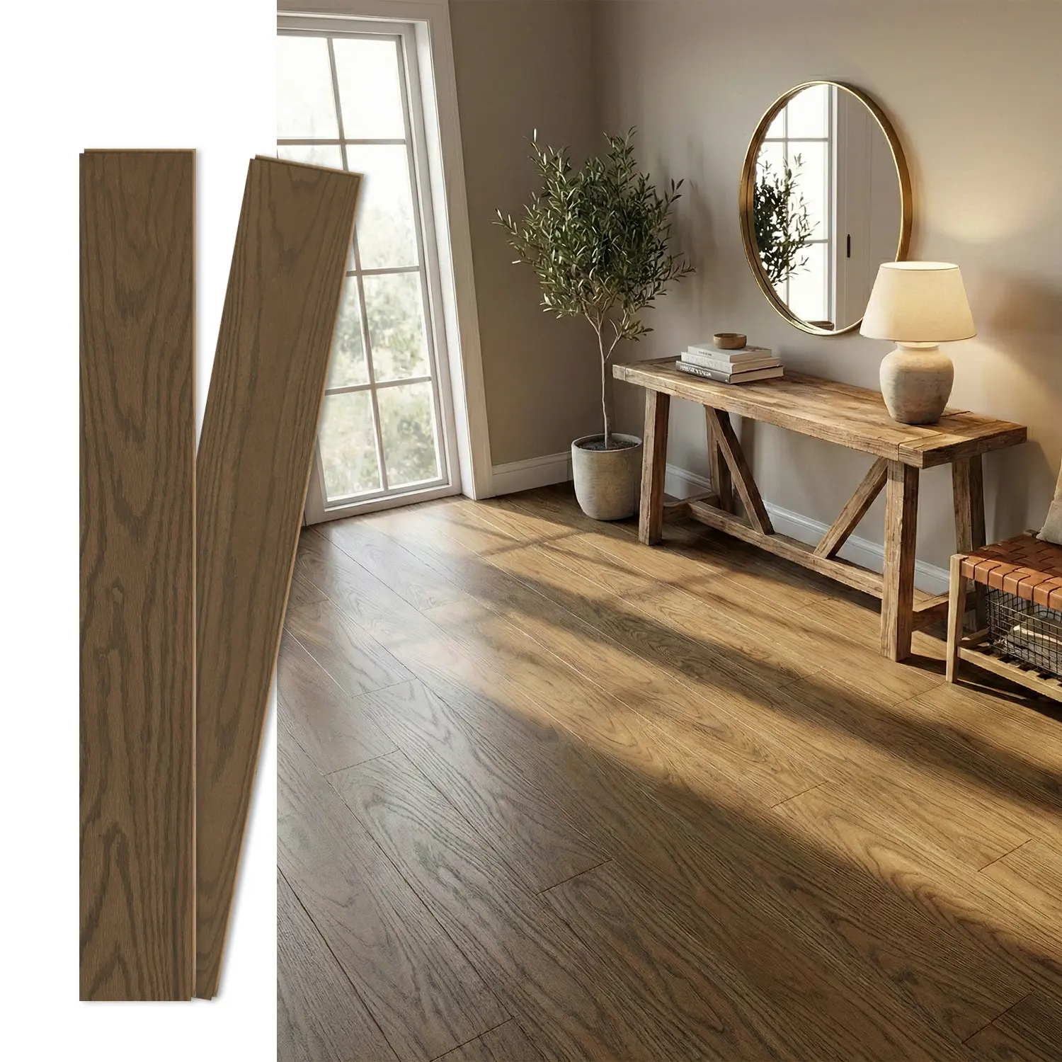 Jeedeson Brown Multi-ply Engineered Hardwood Flooring - Residential Indoor Use, Tongue and Groove, Waterproof, Crack Resistant, 0.59x47.64 inches, 6.5 in. W Smooth Multi-ply Wood Floor, 10-Pack (Covers 21.5 sq. ft.), Bedrooms, None