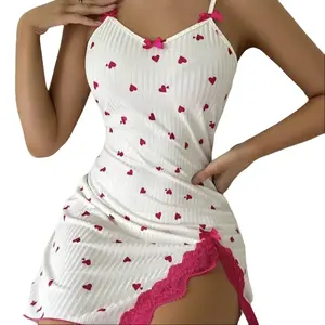 SERACAL 1-Piece Women's Heart Printed Camisole Vest Pajama Set with Lace Home Skirt, Comfortable Sleepwear for Home Loungewear